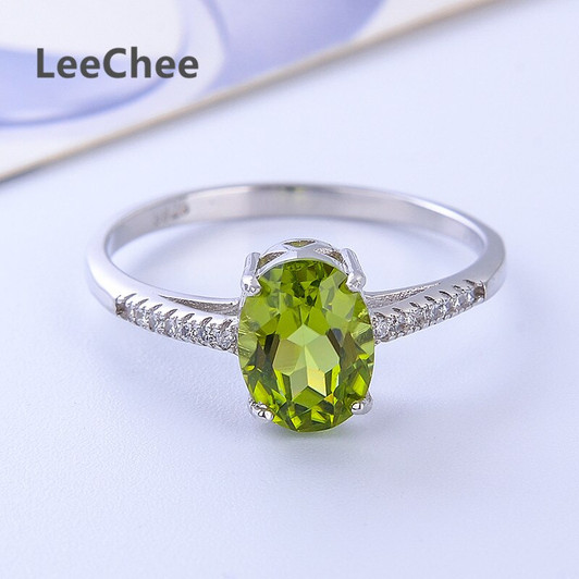 LeeChee Real 925 Solid Sterling Silver Ring 6*8mm green crystal gemstone dating jewelry 100% natural peridot ring|Rings|