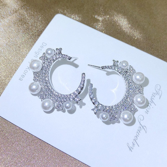 LUALA Korean Fashion Exquisite Moon Shape Pearl Earrings for Women White Gold Color AAA Zircon Stud Earring Gifts Wholesale|Stud Earrings|