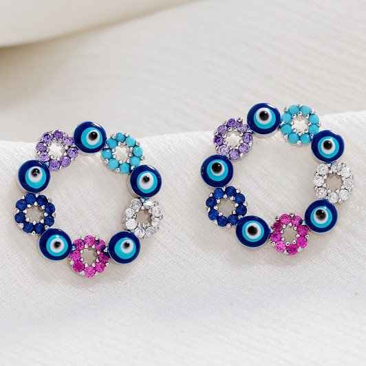 LUALA 2021 Lucky Eye Evil Eye Stud Earrings Silver Color Earrings for Women Multicolor Zircon Girls Fashion Jewelry Wholesale|Stud Earrings|