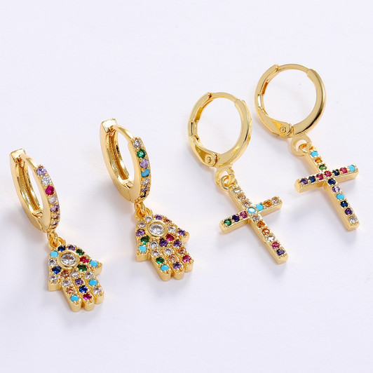 LUALA Zircon Turkish Eye Fatima Hand Earrings For Women Vintage Cute Rainbow Crystal Evil Eye Round Small Ear Hoop Jewelry Gift|Hoop Earrings|