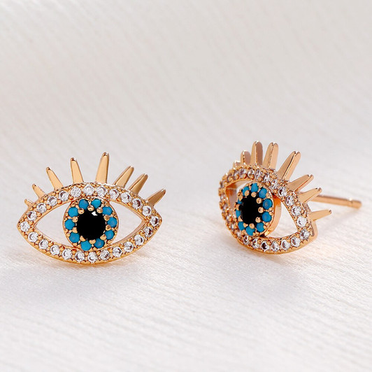 LUALA 2021 585 Rose Gold Colour Micro Pave Zircon Stud Earrings Blue Turkish Eye Earring Fashion Jewelry for Women Ladies Girls|Stud Earrings|