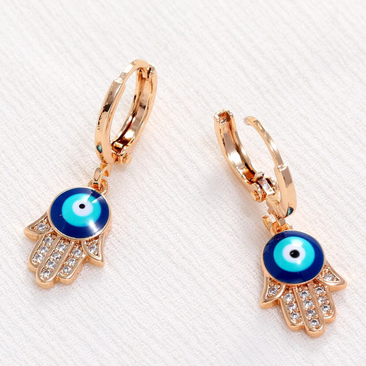 LUALA 2021 New 585 Rose Gold Colour Blue Turkish Eye Hoop Earrings Fatima Hamsa Hand Small Earring Jewelry for Women Girls|Hoop Earrings|