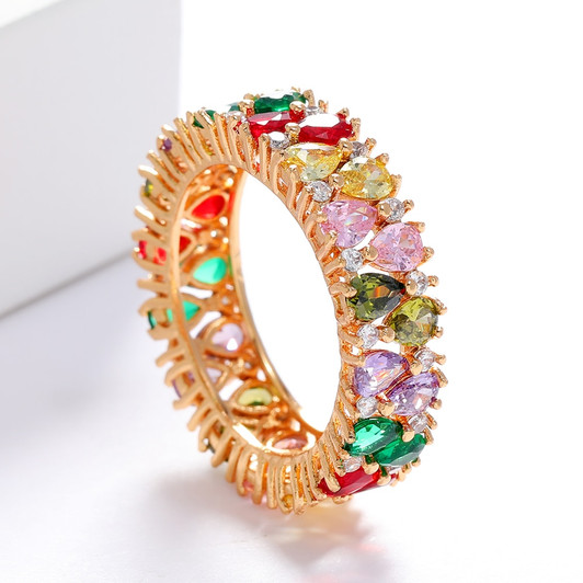 LUALA New Gold Color Zircon Baguette Ring For Women Round Shepe Muticolor Stone Ring Wedding Band Fashion Jewelry No Fade|Rings|