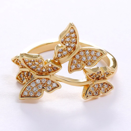 LUALA 2021 New Open Adjustable Size 4 Butterfly Ring for Women Gold Color CZ Paved Luxury Fashion Accessories Wholesale|Rings|
