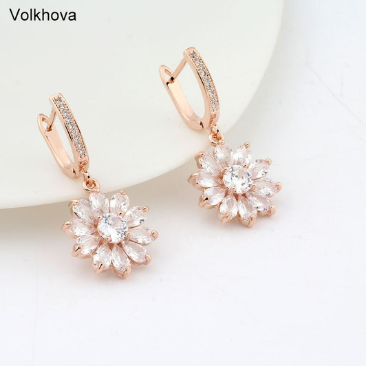 Volkhova Flower Shape Dangle 585 Rose Gold Color Cubic Zirconia Engagement Party Drop Dangle Earrings Jewelry For Women|Drop Earrings|