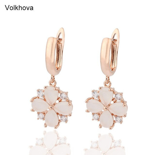 Volkhova Hot Selling New Elegant Rose Gold Color Beautiful Flower CZ Drop Earrings For Women Or Girl birthday Gift|Drop Earrings|