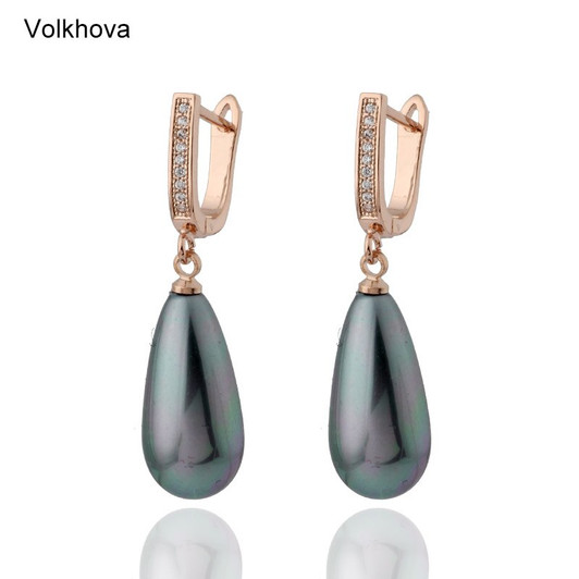 New 585 Rose Gold Micro Wax Inlay Natural Zircon Faux Shell Pearls Multicolor Water Drop Long Earrings Women Fashion jewelry|Drop Earrings|