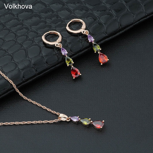 Volkhova New Europe and America color unique design fashion AAA zircon bride wedding 585 Rose gold color earrings jewelry set|Jewelry Sets|