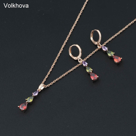 Volkhova New Europe and America color unique design fashion AAA zircon bride wedding 585 Rose gold color earrings jewelry set|Jewelry Sets|
