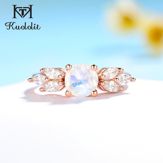 Kuololit Rainbow Moonstone 585 Rose Gold Gemstone Ring for Women Solid 925 Sterling Silver Lab Alexandrite Moissanite Jewerly|Rings|