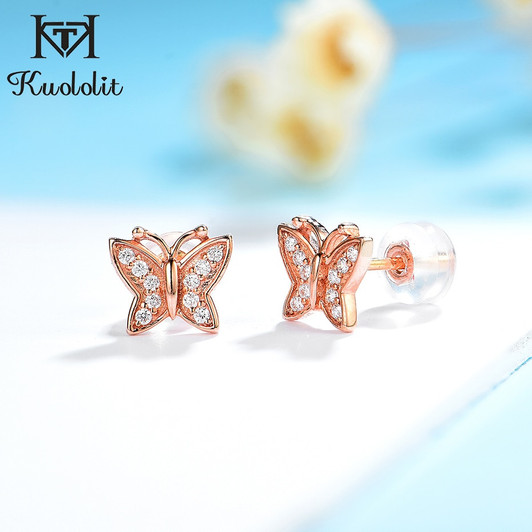 Kuololit Natural Diamond 585 14K 10K Rose gold Gemstone Stud Earrings for Women Luxury butterfly Earrings for Engagement Party|Stud Earrings|