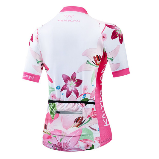 2019 Keyiyuan Summer New Road Racing Bike Riding Equipment Quick Dry Breathable Lady Pink Flower White Short Sleeve Top|Cycling Jerseys|