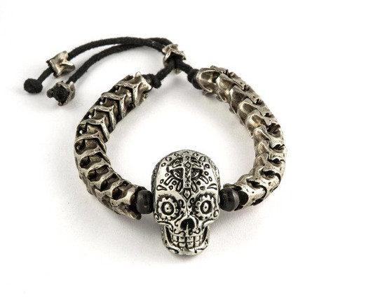 Dia de Los Muertos Vertebrae & Skull Bracelet, Cast in German Silver-DELETED-1612377042