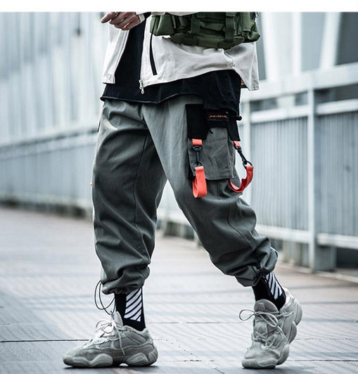 Hip Hop Color Block Pockets Male Harem Cargo Pants Streetwear Harajuku
