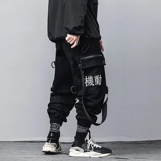 Kanji Ribbons Cargo Pants Men Multi Pockets Harajuku Hip Hop