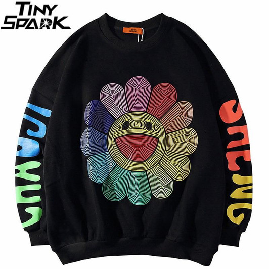 Mens Hip Hop Sweatshirt Pullover Rainbow Smiling Sunflower Streetwear