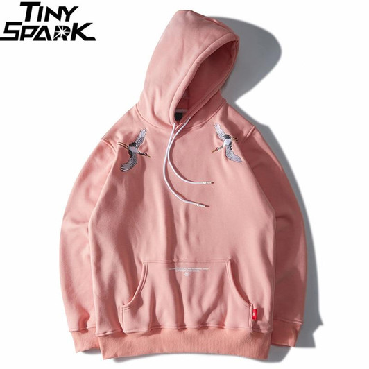 Harajuku Japanese Embroidered Cranes Fleece Velvet Hoodie Streetwear