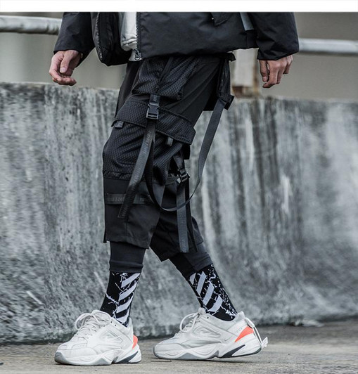 Ribbons Multi Pockets Cargo Pants Men Harajuku Casual Track Trouser