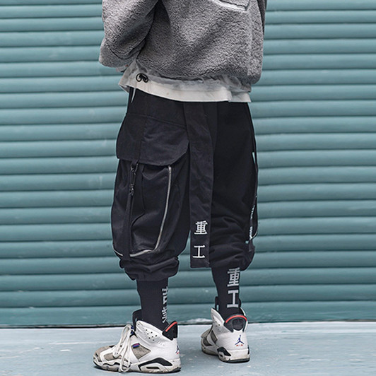 Multi Pocket Hip Hop Pants Men Ribbon Elastic Waist Harajuku