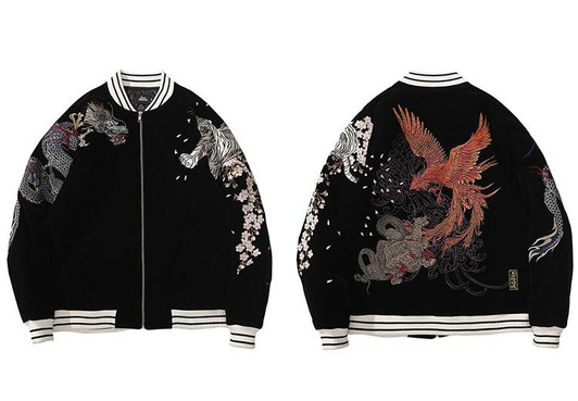 Streetwear Jacket Mens Hip Hop Coat Animals Floral Embroidery Jacket