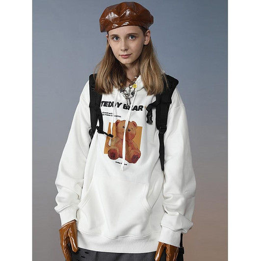 Hoodies Sweatshirt Bear Print Men Hip Hop Streetwear Winter Fleece