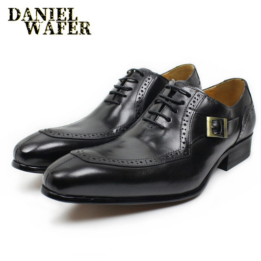 LUXURY LEATHER MEN SHOES CASUAL MEN OFFICE BUSINESS WEDDING SHOE COFFEE BLACK LACE UP BUCKLE STRAP POINTED OXFORD SHOES FOR MEN|Oxfords|