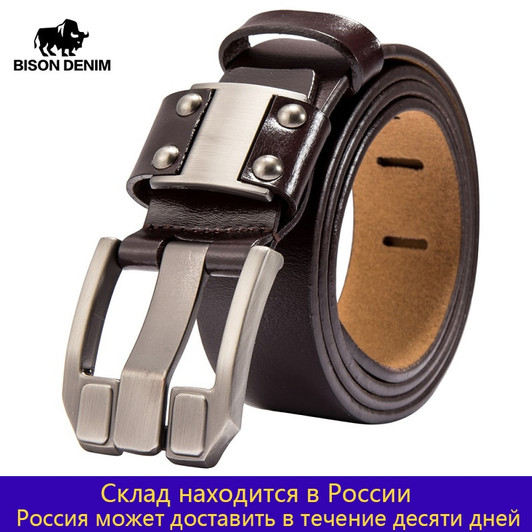 BISON DENIM Men's Jeans Belts Pin Buckle Cowhide Genuine Leather Belts Vintage Brand Waistband Strap Belt For Men Male N71350|Men's Belts|