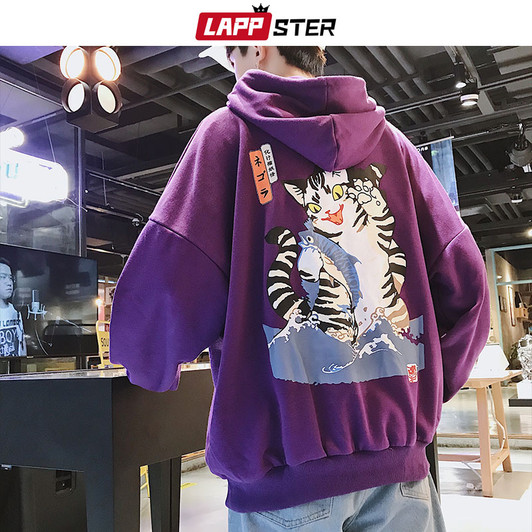 LAPPSTER Men Streetwear Casual Cat Hooded Hoodies 2020 Mens Hip Hop Harajuku Sweatshirts Male Korean Fashions Black Hoodie INS|Hoodies & Sweatshirts|