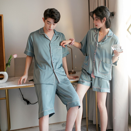 Summer Silk Couples Pajamas Set Short Sleeve With Pocket Shorts Sleepwear Men and Women Loose Style Home Suit Pjs|Men's Pajama Sets|