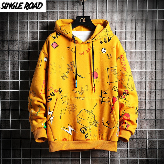 SingleRoad Men's Hoodies Men Women Unisex 2020 Winter Fleece Anime Sweatshirt Oversized Japanese Streetwear Yellow Hoodie Men|Hoodies & Sweatshirts|