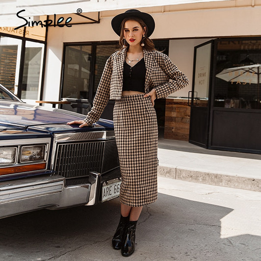 Simplee Elegant houndstooth fitted skirt suits Two piece casual plaid women skirt A line woollen coat suits ladies autumnn 2020|Women's Sets|