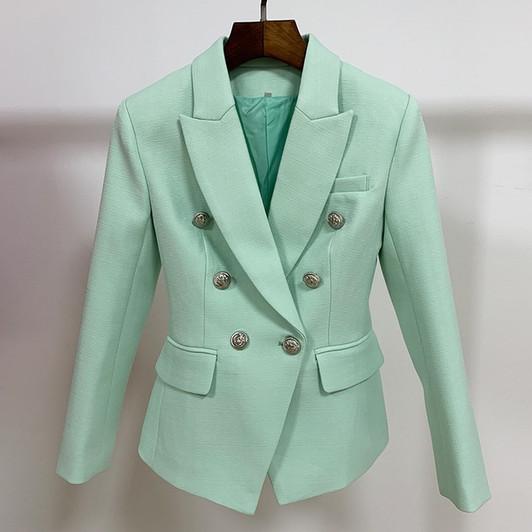 HIGH STREET Classic Baroque Designer Blazer Jacket Women's Metal Lion Buttons Double Breasted Textured Blazer Mint Green|Blazers|