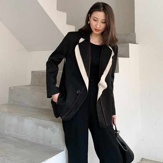 [EAM] Women Black Contrast Color Burr Blazer New Lapel Long Sleeve Loose Fit Jacket Fashion Tide Spring Autumn 2021 1W519|Blazers|