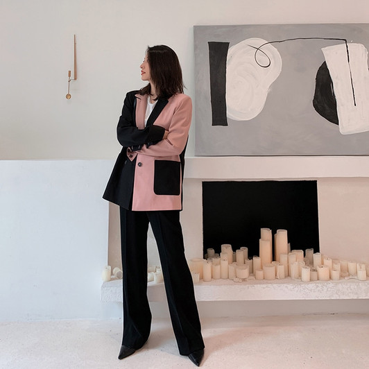 [EAM] Women Black Contrast Color Big Size Blazer New Lapel Long Sleeve Loose Fit Jacket Fashion Tide Spring Autumn 2021 1W482|Blazers|