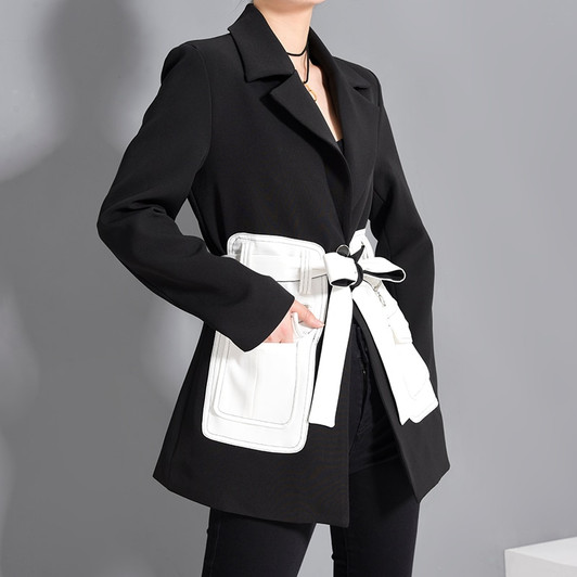 Women Black Contrast Color Pocket Blazer New Lapel Long Sleeve Loose Fit Jacket Fashion Tide Spring Autumn 2021 1S39401|Blazers|