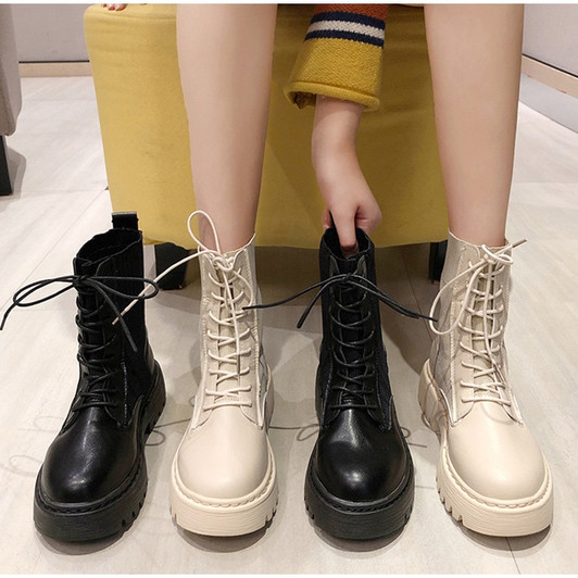 MCCKLE Women Army Combat Ankle Boots Woman Lace up Shoes Gothic Sock Platform Leather Chunky Heels Boots Fashion Botas Mujer New|Ankle Boots|