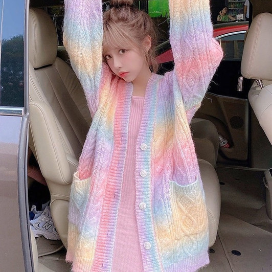 Rainbow Knitted Cardigan Women Autumn winter Sweet Kawaii Sweater Coat Female long Korean Button Down Cardigan Fall 2020 Women|Jackets|