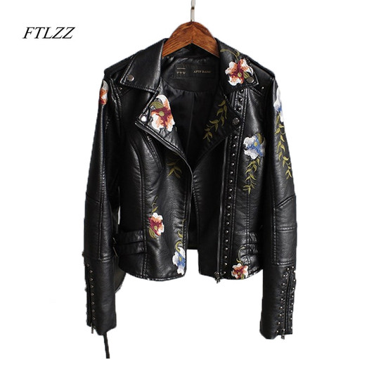 Ftlzz Women Floral Print Embroidery Faux Soft Leather Jacket Coat Turn down Collar Casual Pu Motorcycle Black Punk Outerwear|faux soft leather jacket|soft leather jacketleather jacket coat