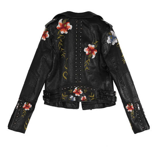 Ftlzz Women Floral Print Embroidery Faux Soft Leather Jacket Coat Turn down Collar Casual Pu Motorcycle Black Punk Outerwear|faux soft leather jacket|soft leather jacketleather jacket coat