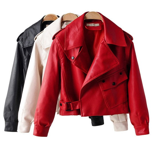 Fitaylor New Autumn Women Faux Leather Jacket Pu Motorcycle Biker Red Coat Turndown Collar Loose Streetwear Black Punk Outerwear|Leather Jackets|