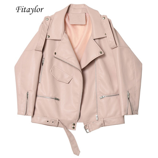Fitaylor Autumn Women Faux Soft Leather Loose Jacket Coat Turndown Collar Zipper Pu Motorcycle Overcoat Female Rivet Punk Jacket|Leather Jackets|