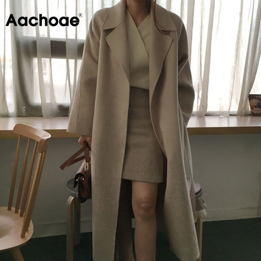 Aachoae Women Elegant Long Wool Coat With Belt Solid Color Long Sleeve Chic Outerwear Ladies Overcoat Autumn Winter 2020|Wool & Blends|