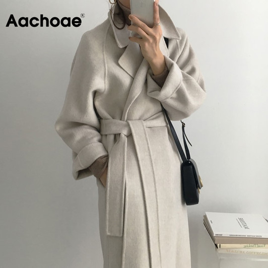 Aachoae Women Elegant Long Wool Coat With Belt Solid Color Long Sleeve Chic Outerwear Ladies Overcoat Autumn Winter 2020|Wool & Blends|