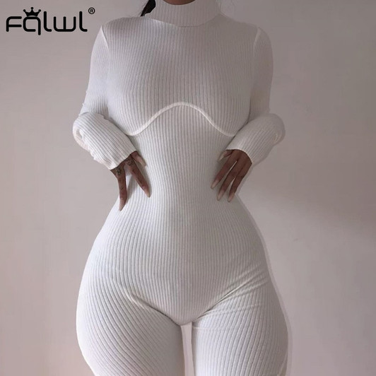 FQLWL Ribbed Knitted Bodycon White Black Summer Jumpsuit Women Shorts Playsuit Long Sleeve Sexy Rompers Womens Jumpsuit Female|Rompers|