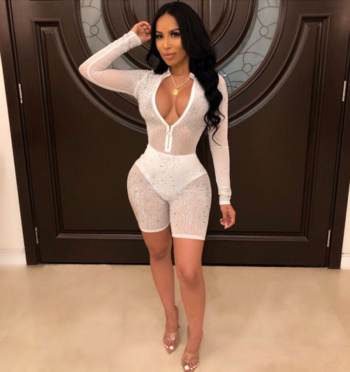 Beyprern Glitter Beautiful Crystal Studded Rompers Glam Zipper Front Stretchy Mesh Short Jumpsuit Womens Catsuit Club Overalls|Rompers|