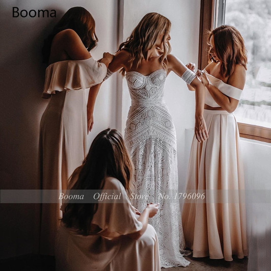 Simple Boho Mermaid Lace Wedding Dresses Ivory Off the Shoulder Trumpet Bohemian Bridal Gowns Long Beach Bride Dresses|Wedding Dresses|