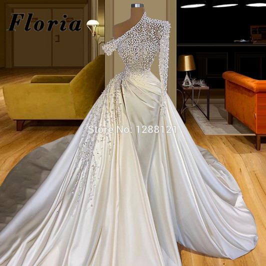 Chic Beading Pearls Wedding Dresses Formal Satin One Shoulder Bride Dresses 2020 Robe De Mariee Couture Dubai Women Bridal Gowns|Wedding Dresses|