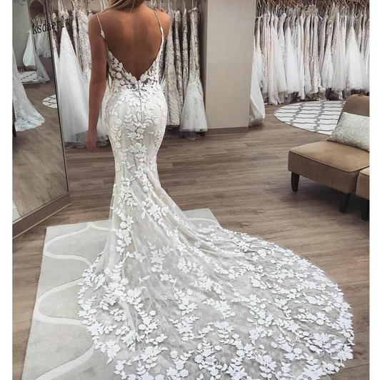 2020 Berta mermaid Wedding Dresses 3D Floral Applique Lace backless Sweep tulle Train Plus Size boho beach Bridal Gowns Robe De|Wedding Dresses|