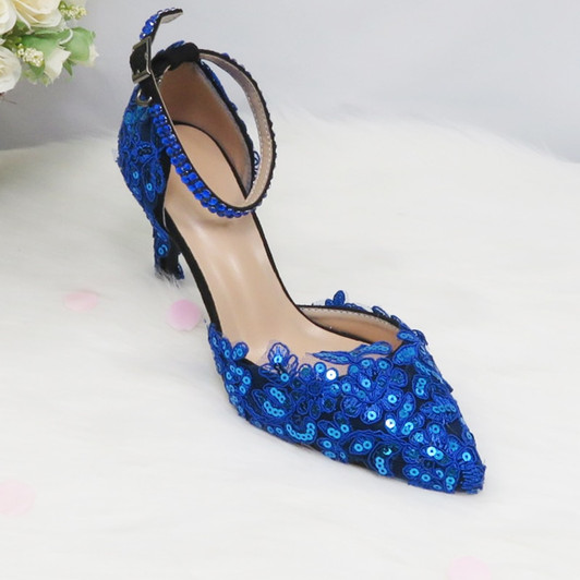 BaoYaFang Blue Lace flower wedding shoes women Bridal High heels Platform shoes woman party dress shoes super big size 45|heel platform shoes|high heel platform shoeswedding shoes