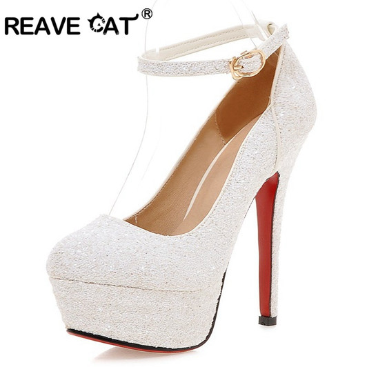 REAVE CAT 13.5cm Stiletto Ultra high heels Glitter Wedding Pumps Platform Ankle strap Buckle Gold silver Bridal Shoes party US12|wedding shoes|women pumpshigh heels women pumps